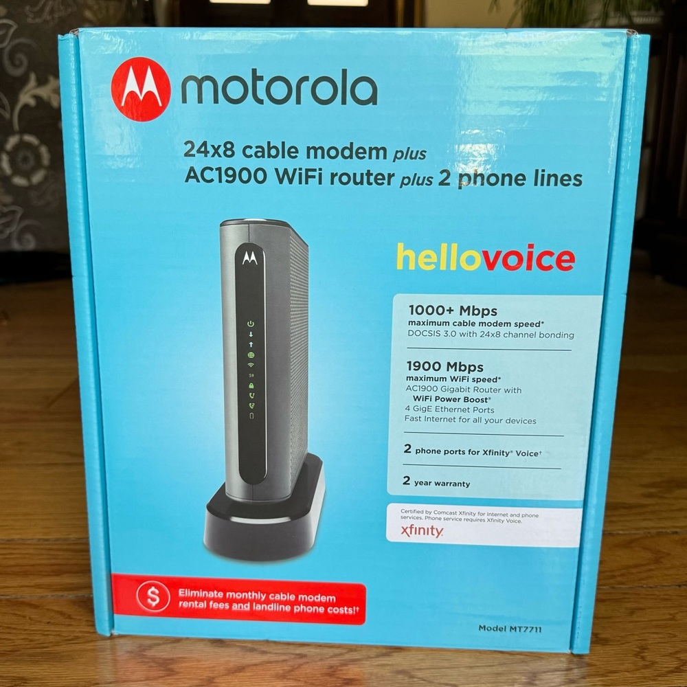 NWOT Motorola 24x8 cable modem plus AC1900 WiFi router plus 2 phone lines
